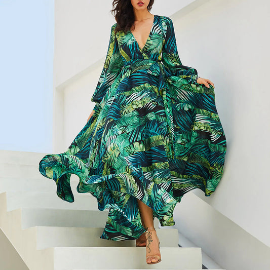 Women'S Temperament V-Neck Backless Summer Boho Green Leaf Print Maxi Dress