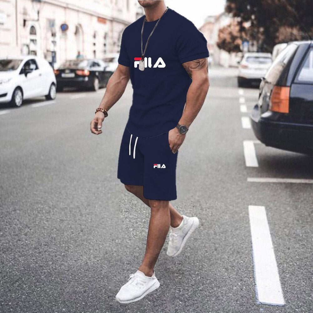 Two Piece Sets Short Sleeve T-shirts+Shorts FILA brand  Cotton Summer Tracksuit for men