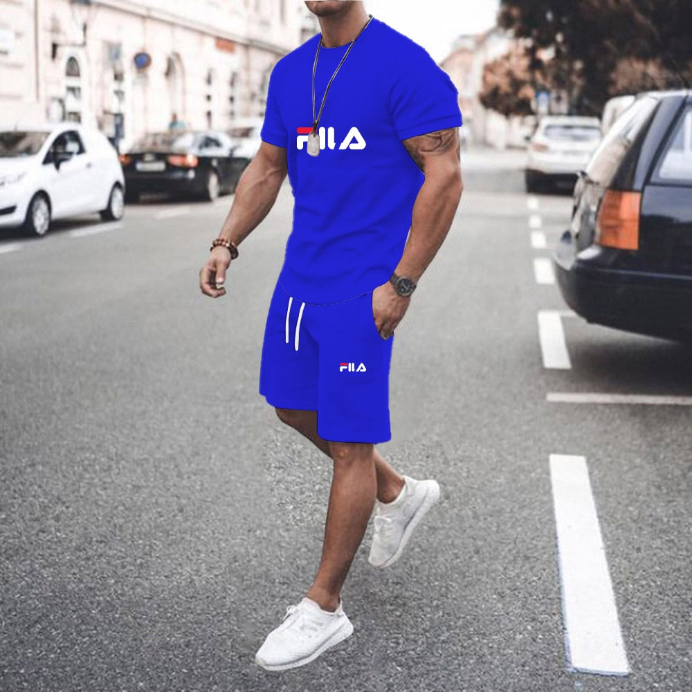 Two Piece Sets Short Sleeve T-shirts+Shorts FILA brand  Cotton Summer Tracksuit for men