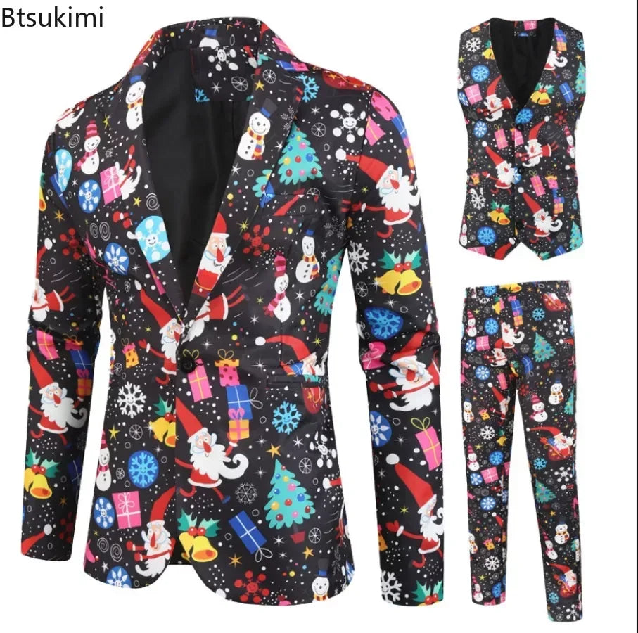 New Men's Casual Three-Piece 2024 Christmas Print Suit