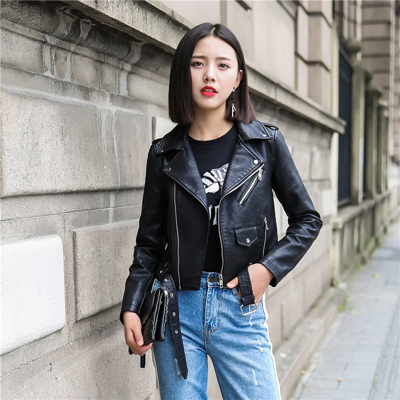 Leather Jacket Women Fashion Bright Colors Motorcycle Coat Short  Leather Biker Soft Jacket Woen