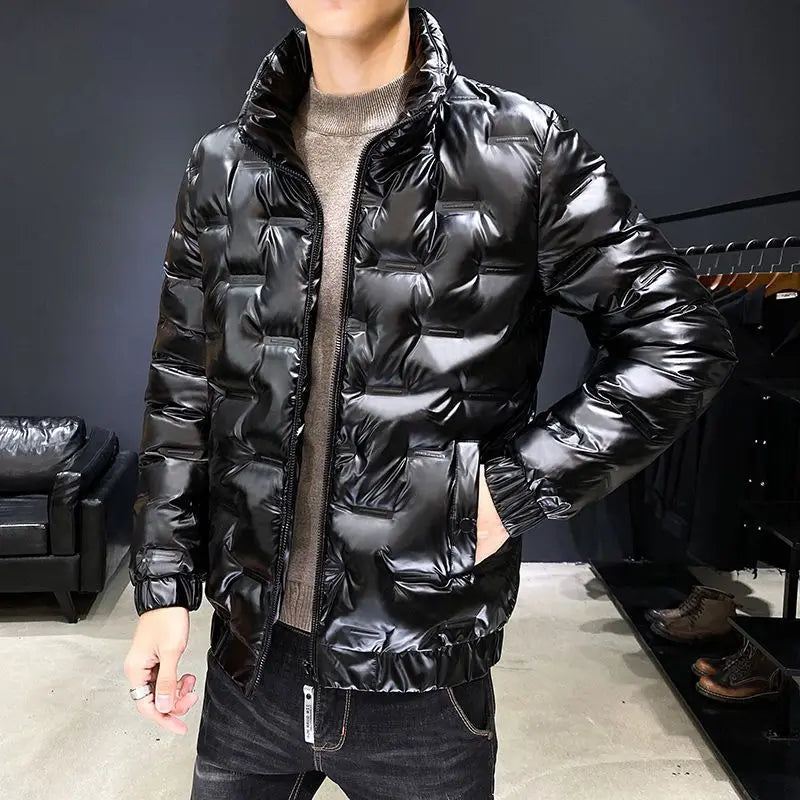 New Down Cotton Coat Men's Short Middle Youth Korean Edition Trendy Bright Leather Cotton Coat