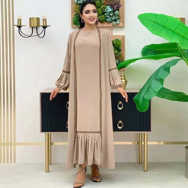 Muslim dress solid color abayas for women bead piece outside matching suit fashion formal dresses