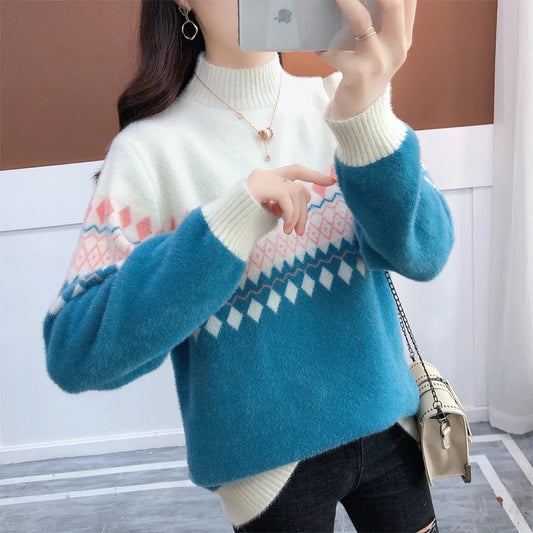 Women's Patchwork Mock Neck Sweater – Autumn/Winter Collection