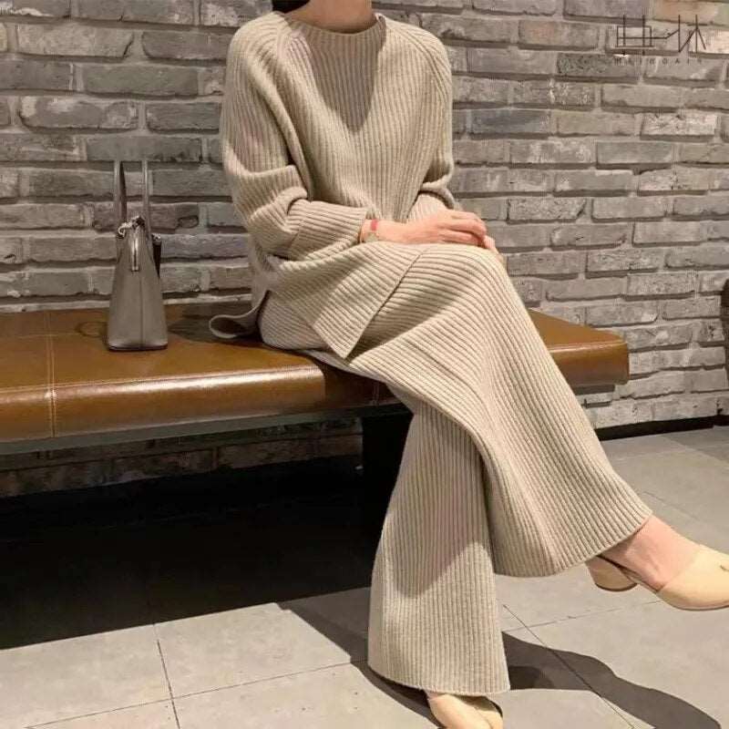 2023 Autumn Winter Knitted Sweater 2 Pieces Set Turtleneck Top Warm Pullover Tracksuits  for Women