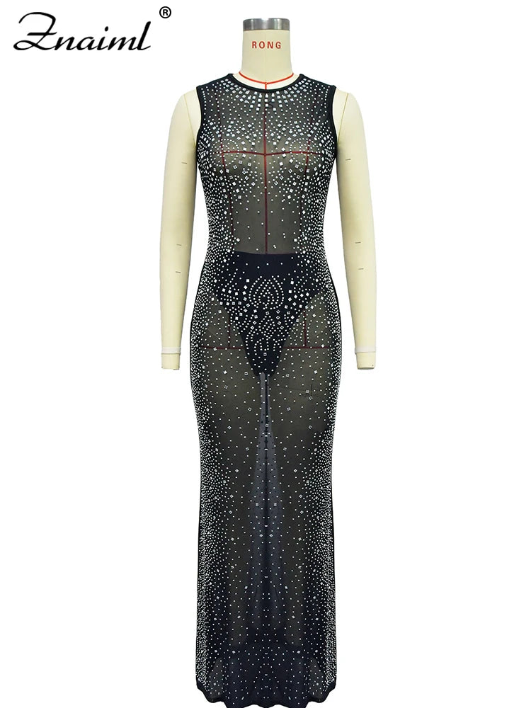 Luxury Sparkly Crystal Rhinestone Christmas Evening Bodycon Long Dress