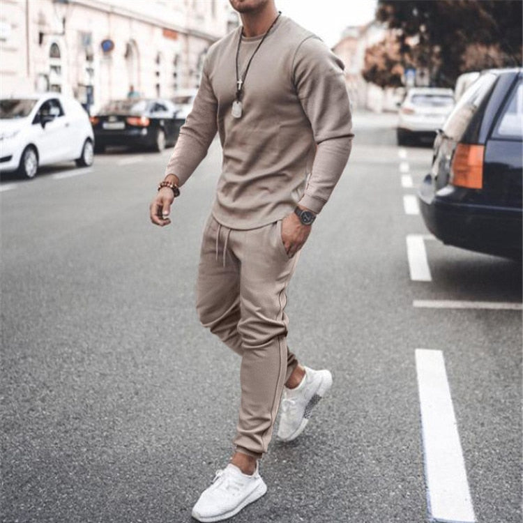 New Men's Tracksuit Casual Solid Sports Set Long Sleeved  2 Pieces Set Fashion Brand Jogger Fitness Sportswear