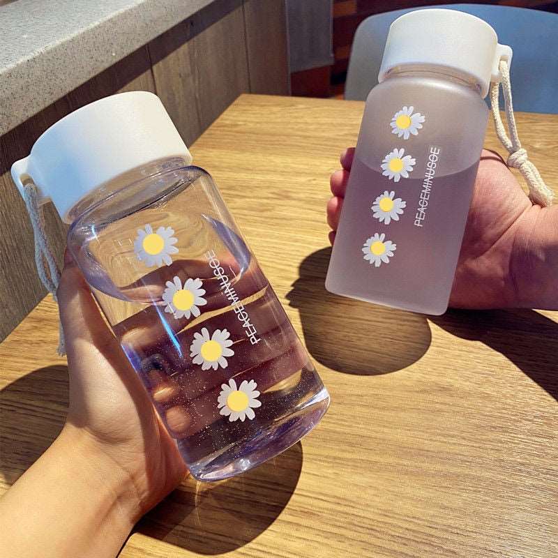 500ml Small Daisy Transparent Plastic Water Bottles BPA Free Creative Frosted Water Bottle With Portable Rope