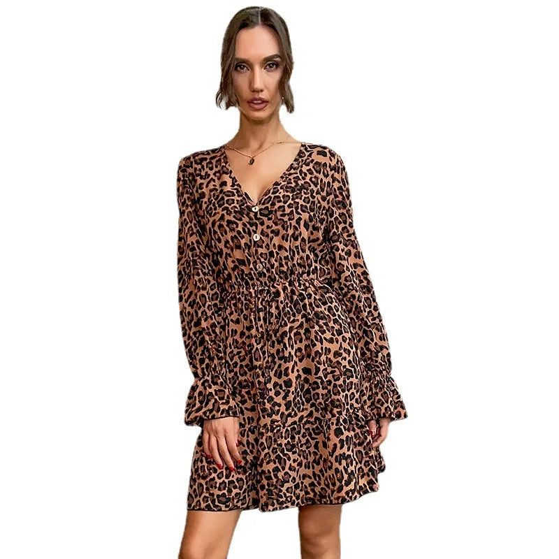 Long Sleeve V-Neck Leopard Print Dress for Women