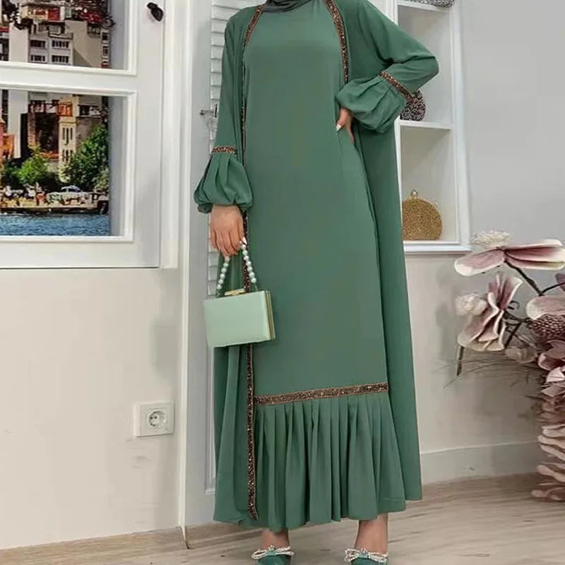 Muslim dress solid color abayas for women bead piece outside matching suit fashion formal dresses