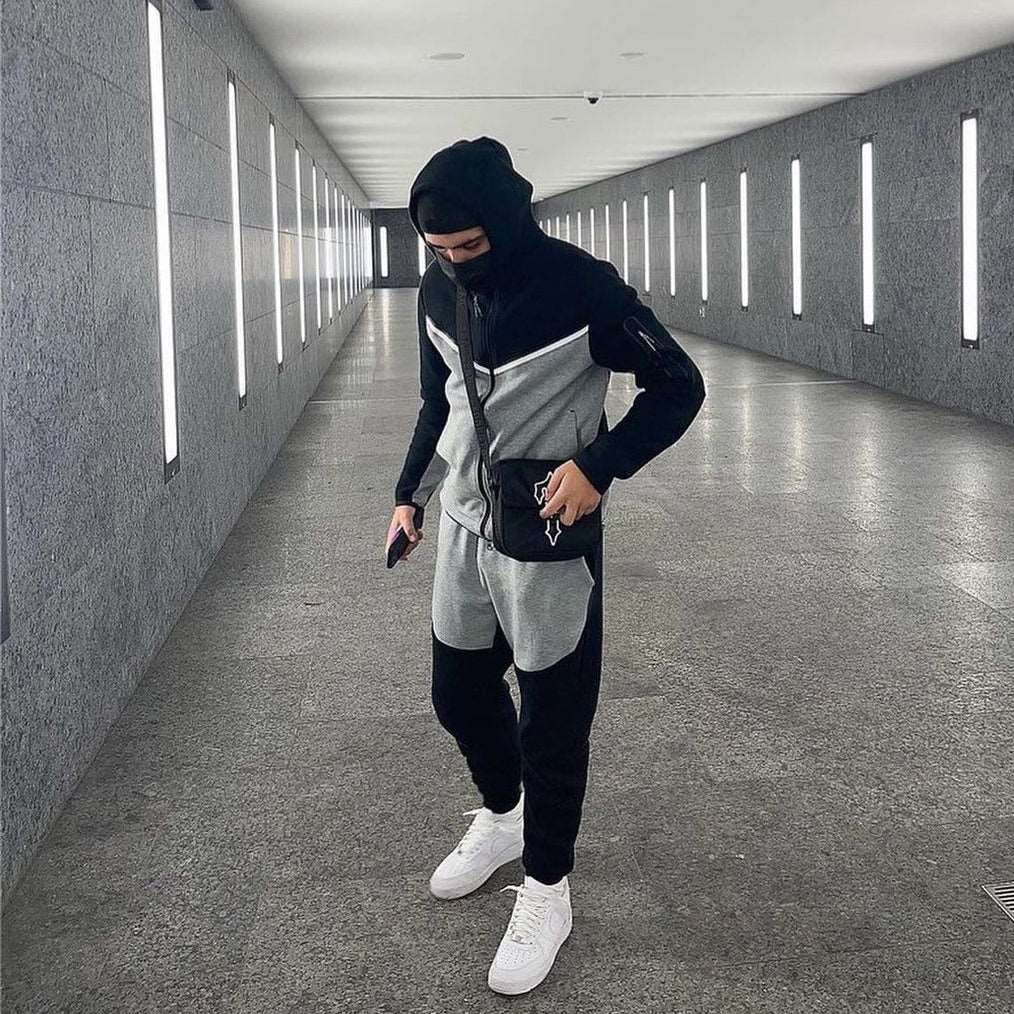 2022 Men's Sports Set Hooded Coat Cotton Tech Fleece Color Patchwork  Sweatpants Set for Men