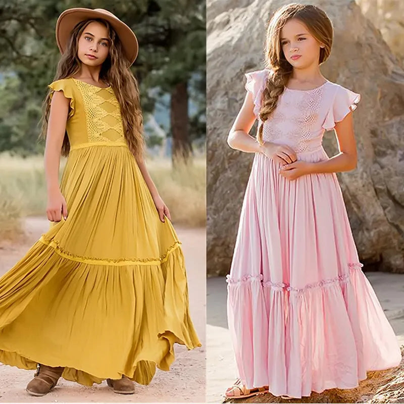 Summer New Girl Lace Floral Dress Boho Short Sleeve Maxi Long Vestido Flower Girls Dresses