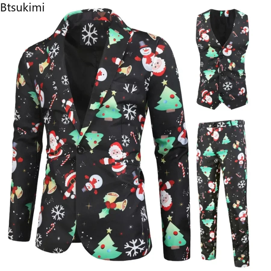 New Men's Casual Three-Piece 2024 Christmas Print Suit