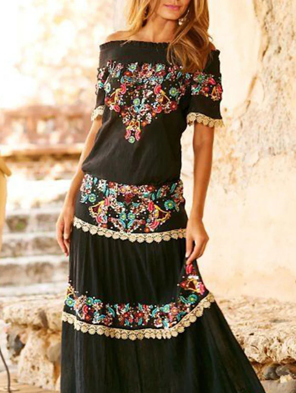 Women's Long Dress Ethnic Flower Short Sleeved Lace Patchwork Maxi Dress