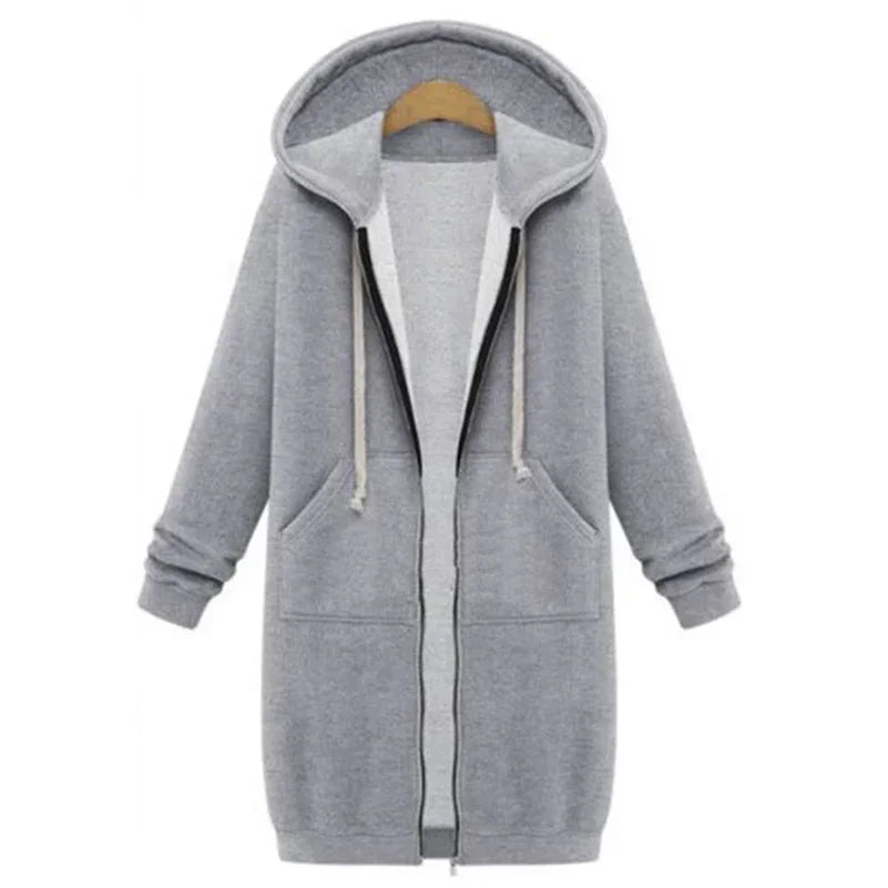 Autumn Winter Women Long Warm Hooded Sweatshirt Coat Casual Pockets Zip Up Jacket