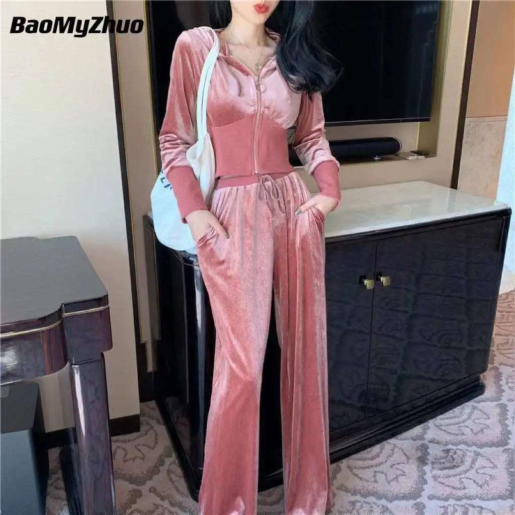 2023 Spring New Velvet Two Piece Sets  Zipper  Oversized Tracksuit  Solid Hoodie Sportswear for Women