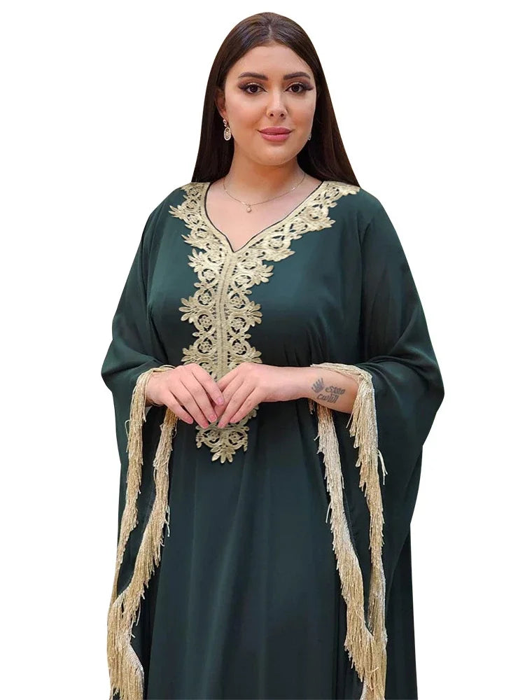 Muslim Arab Robes Abaya Middle East Woman Dress Sleeve Tassels Embroidery Kaftan Long Dress