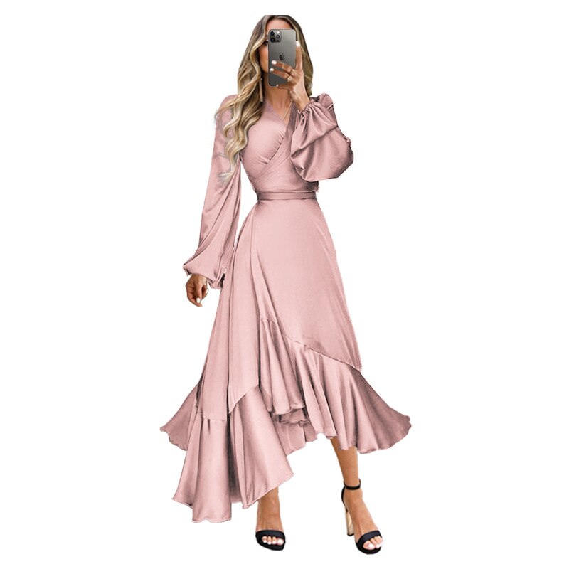 Long Sleeve Sexy V-neck Temperament Waist Irregular Silk Elegant Party Dress for Ladies