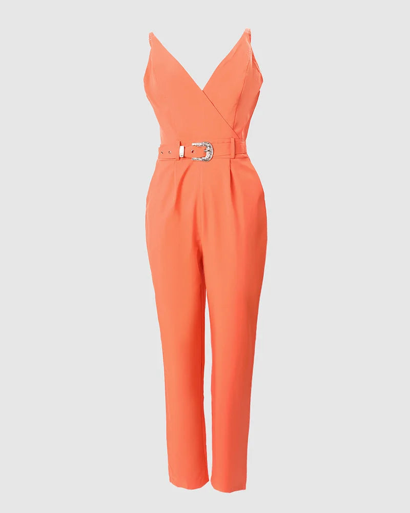 V-Neck Pocket  Jumpsuit With Belt Women's Overall Pants Summer Sleeveless Solid Color Jumpsuits