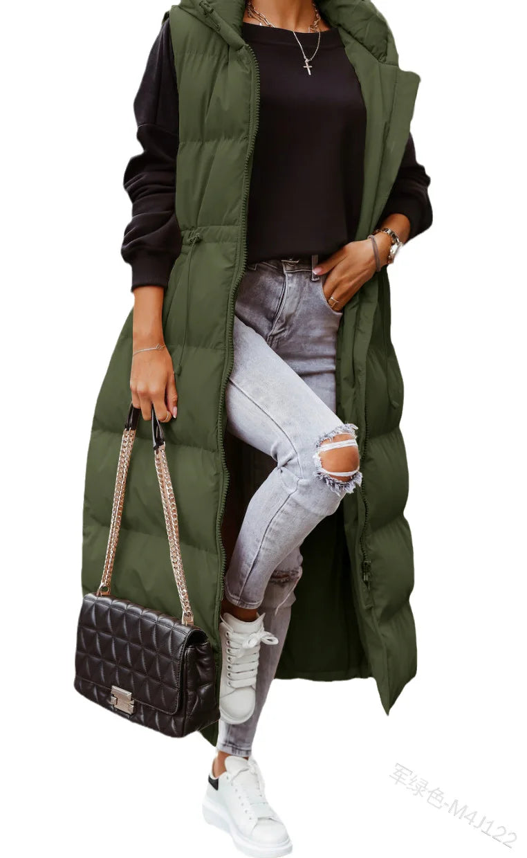 Women's  Solid Color Hooded Long Cotton-padded Jacket  Sleeveless Casual Fashion