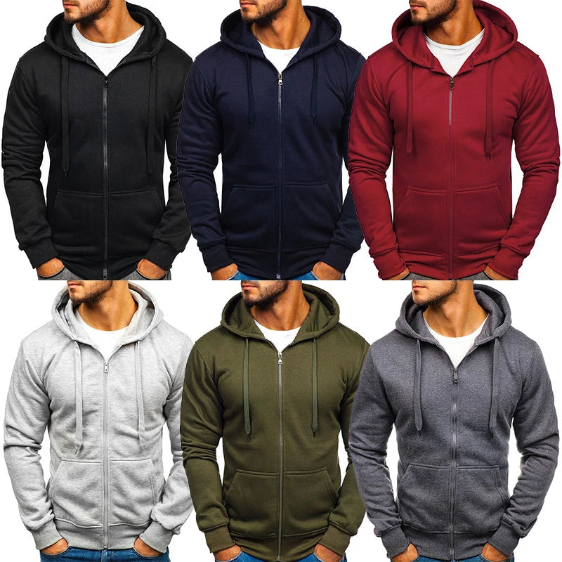 Fashion Winter Hoodie Coat  Solid Color Jacket Basic Zip Sweatshirt Outwear Sweat  Warm Coats for men