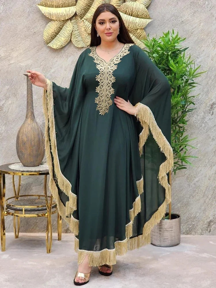 Muslim Arab Robes Abaya Middle East Woman Dress Sleeve Tassels Embroidery Kaftan Long Dress