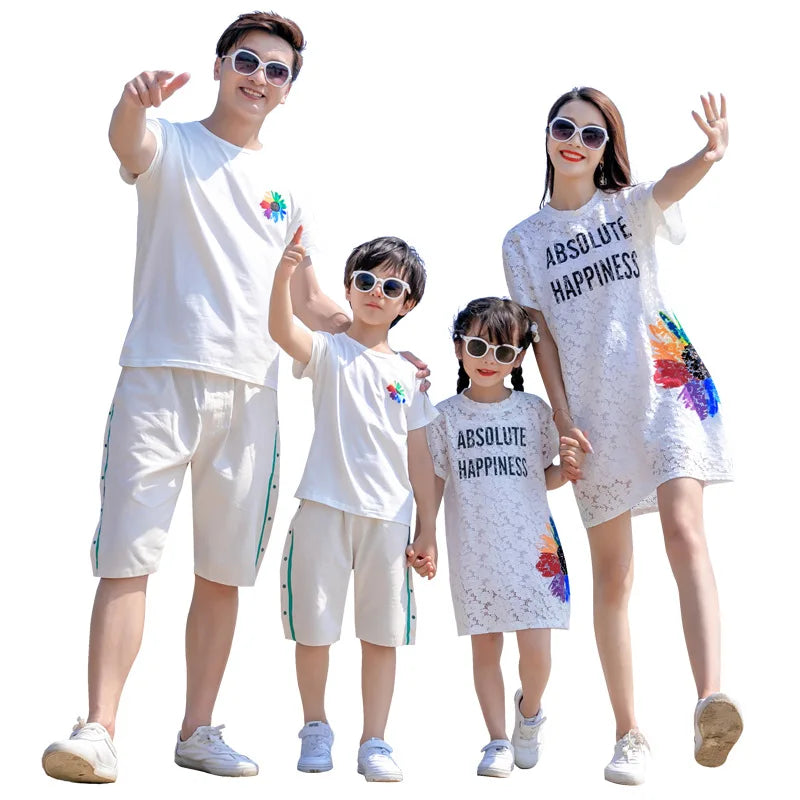 Family Matching Outfits Summer Lace Dresses 2Pcs Set  T-shirt &Shorts