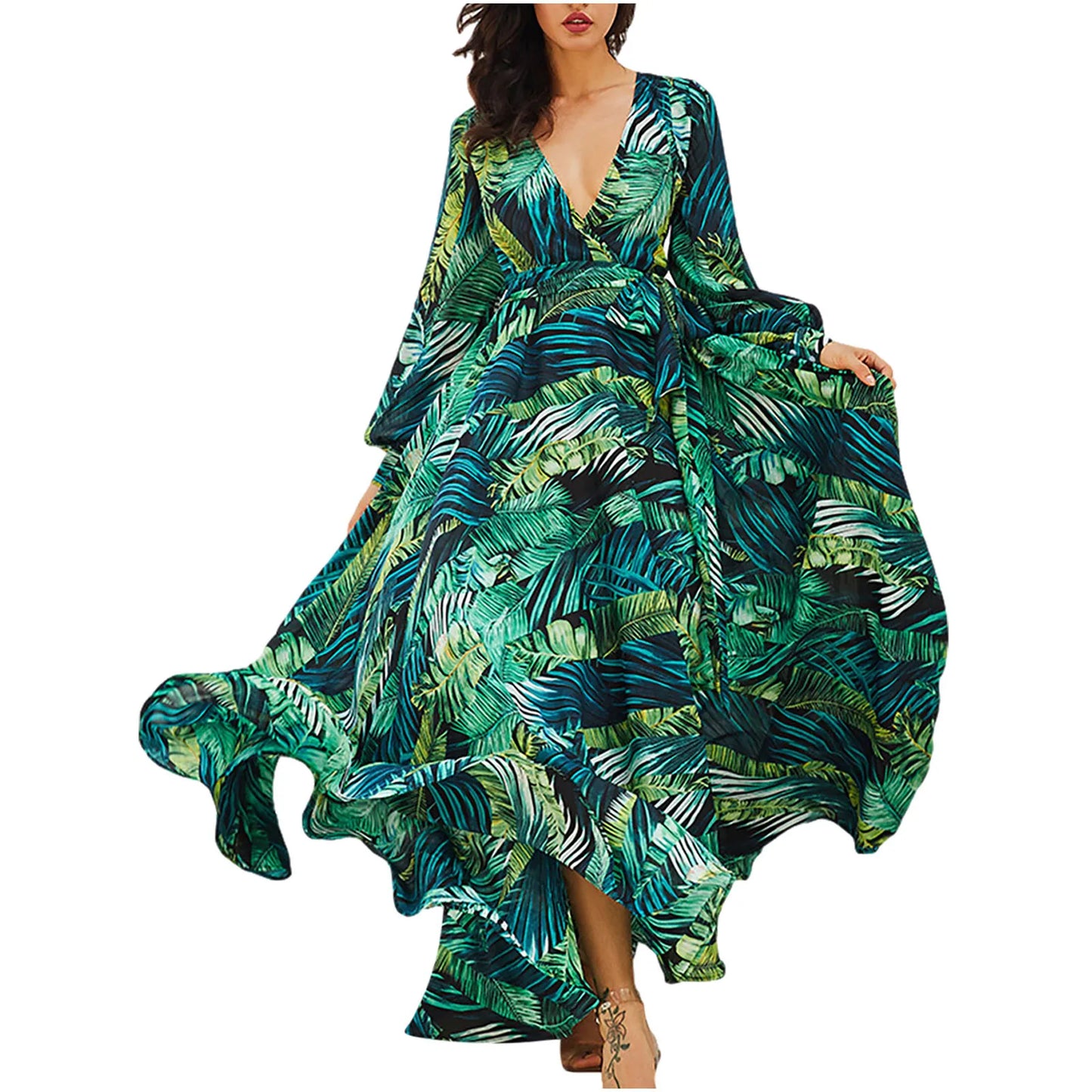 Women'S Temperament V-Neck Backless Summer Boho Green Leaf Print Maxi Dress