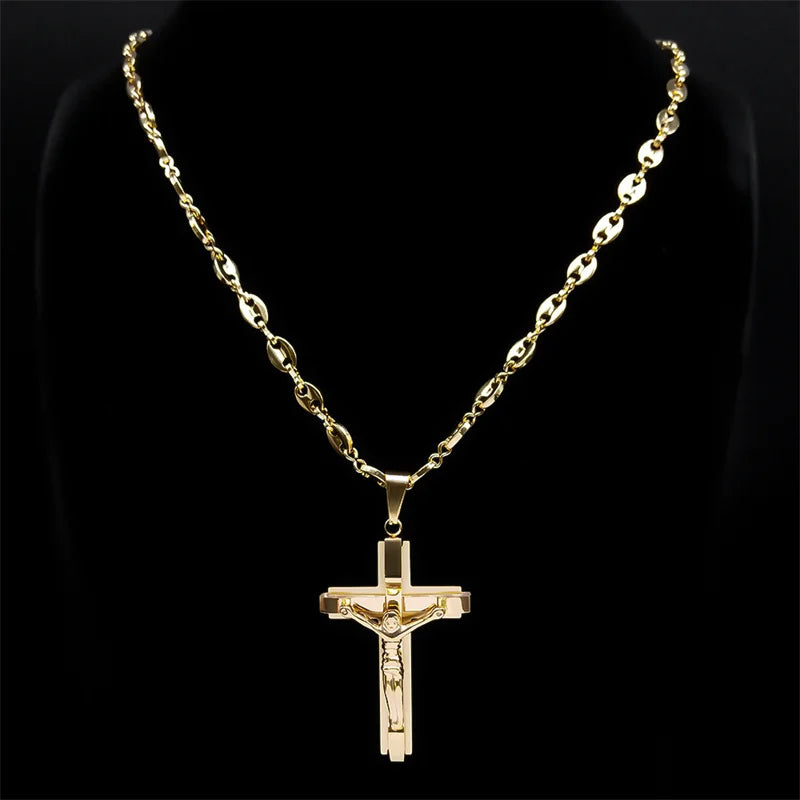 Jesus Cross Crucifix Pendant Necklace for Men Stainless Steel Gold Color Jewellery