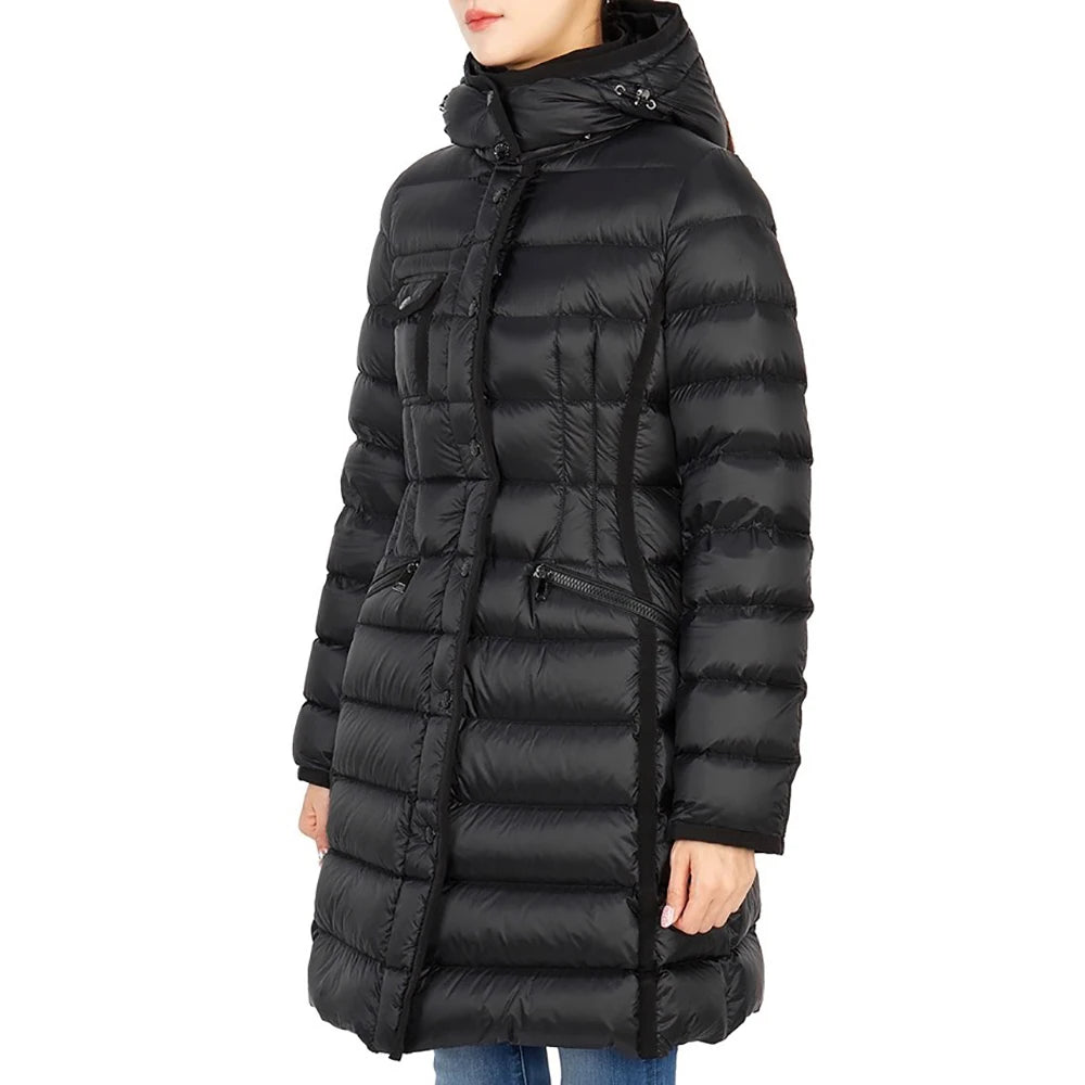 Down Jacket White Goose  Waist Slim Thickened Warm Mid-length Hooded Down Jacket for Women