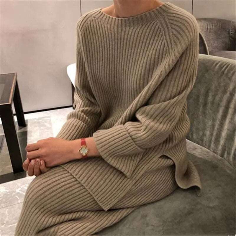 2023 Autumn Winter Knitted Sweater 2 Pieces Set Turtleneck Top Warm Pullover Tracksuits  for Women