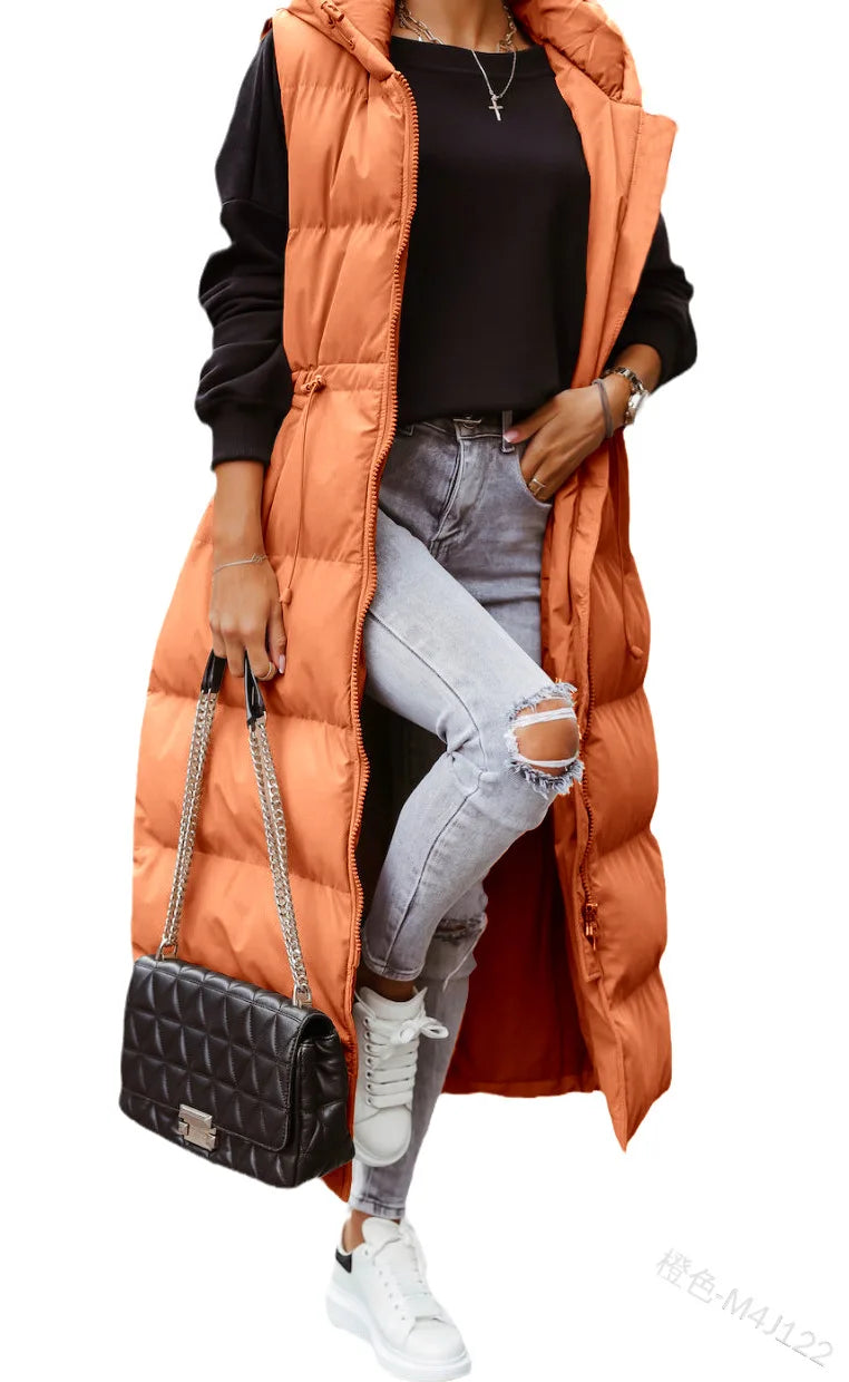 Women's  Solid Color Hooded Long Cotton-padded Jacket  Sleeveless Casual Fashion