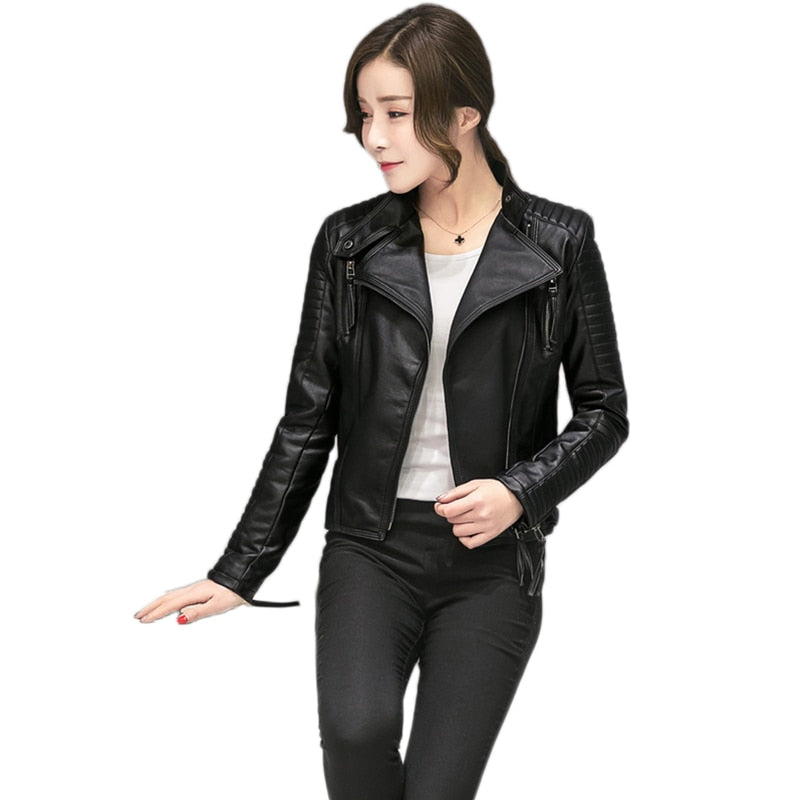 Women's Spring Autumn PU Leather Jacket Casual Slim Soft Moto Jacket Biker  Leather Coat for  Women