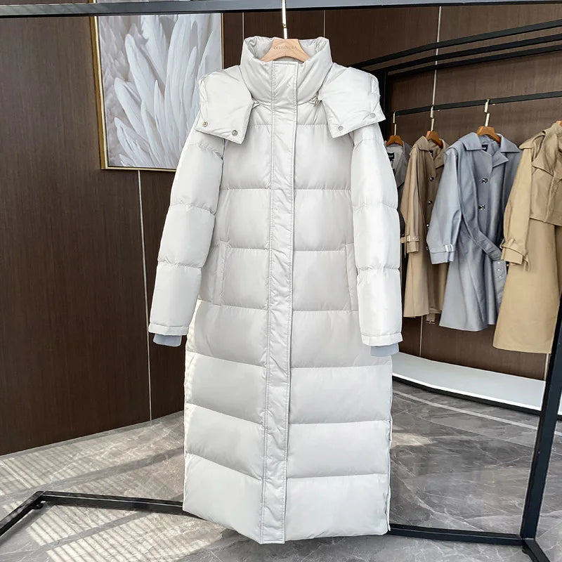 High-Quality White Duck Down Hoodie Long Overcoat  Fashion Super Thicken Warm Jacket for Women