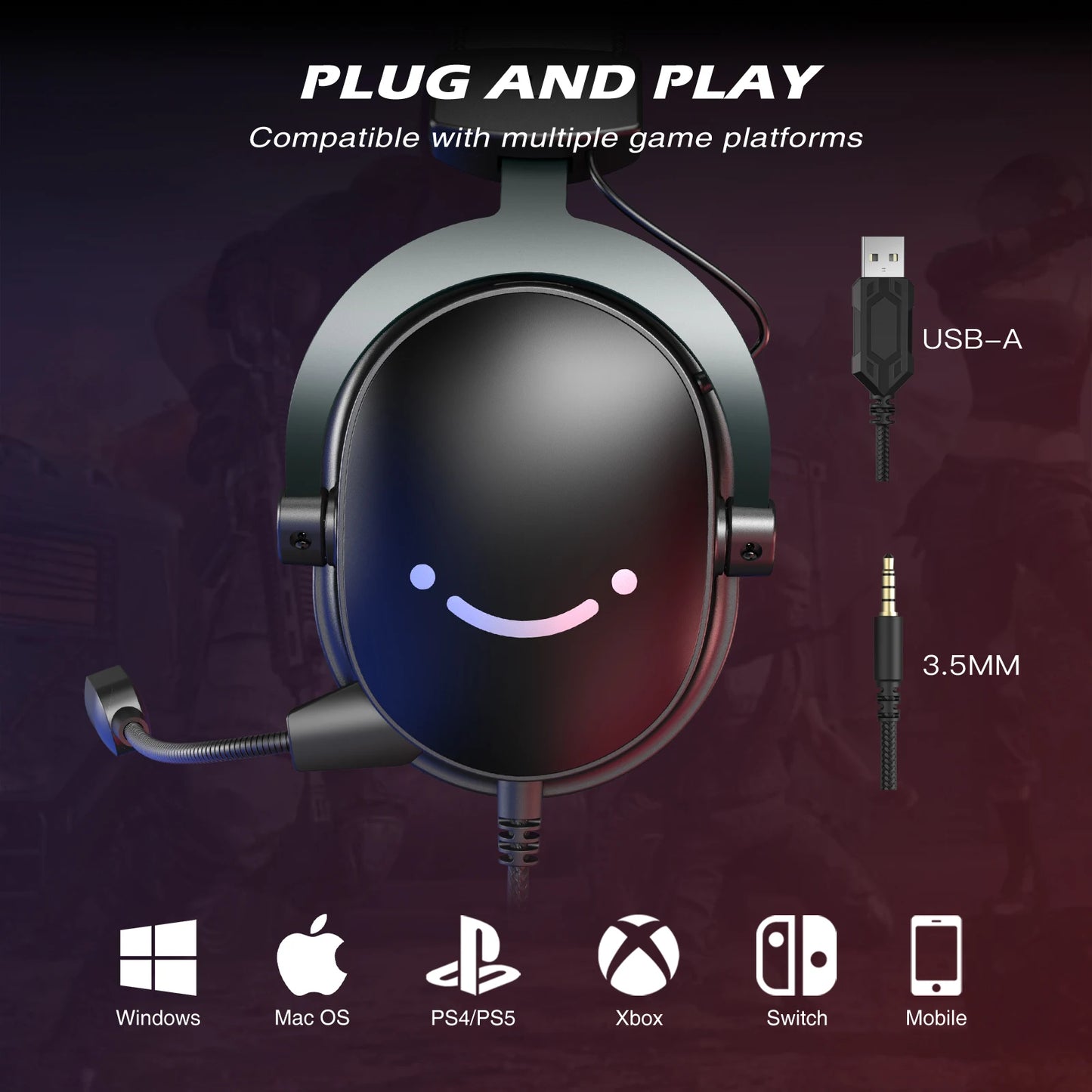 Headset, 3.5mm & USB, 7.1 Surround Sound, Volume Control, Mute Switch for PC/MAC/PS4/PS5