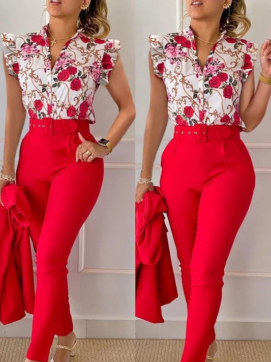 Summer Fashion Print Two Piece Set  Button Flying Sleeve Shirt Pants Two Piece Set for Women