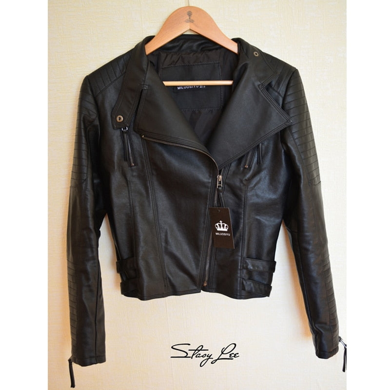 Women's Spring Autumn PU Leather Jacket Casual Slim Soft Moto Jacket Biker  Leather Coat for  Women