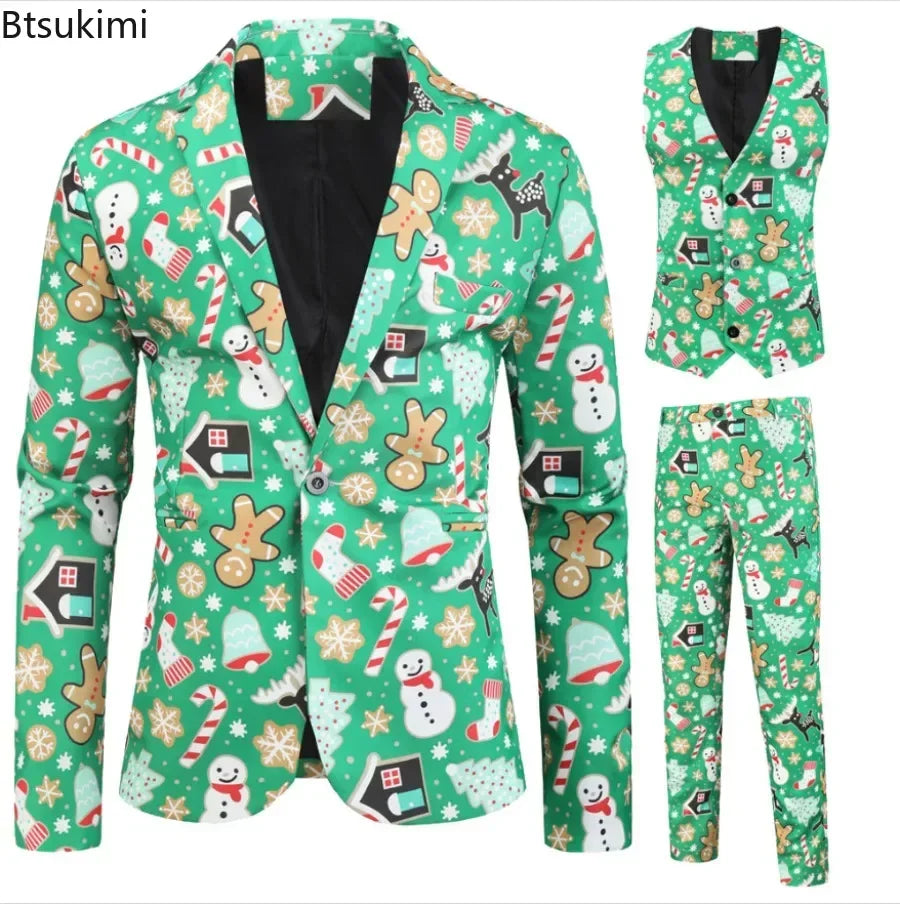 New Men's Casual Three-Piece 2024 Christmas Print Suit