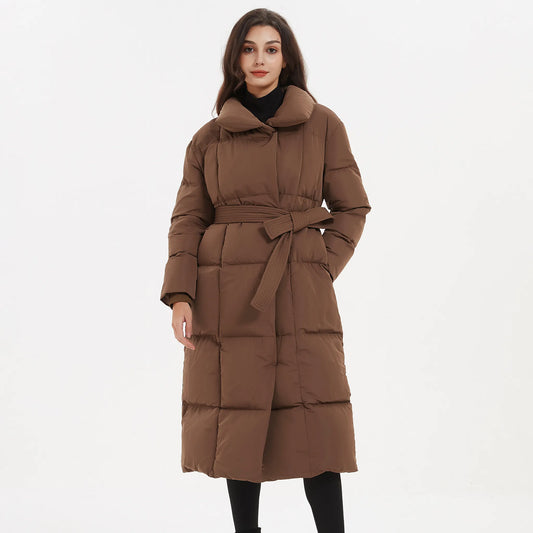 Thick Loose Parkas Fashion Solid Covered Button on Elegant Tie Belt Long Cotton Jackets for Women.