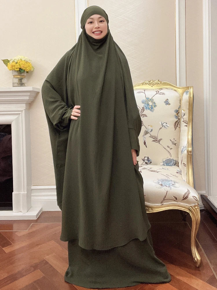 Ramadan 2 Piece  Long Khimar Set Abaya Muslim Women Prayer  Dress Sets Eid Niqab