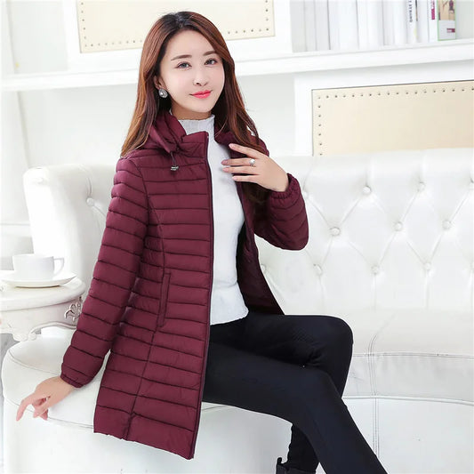 Autumn and Winter Women's Slim Fit Solid Color Hooded Down Cotton Coat for Women