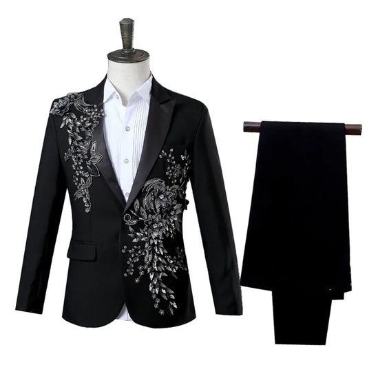 Elegant Appliqued Two-piece Men's Suit for Wedding Banquet Host Dance Prom Christmas Costume