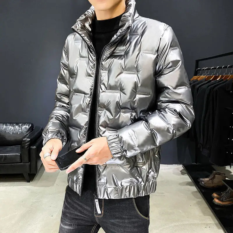 New Down Cotton Coat Men's Short Middle Youth Korean Edition Trendy Bright Leather Cotton Coat