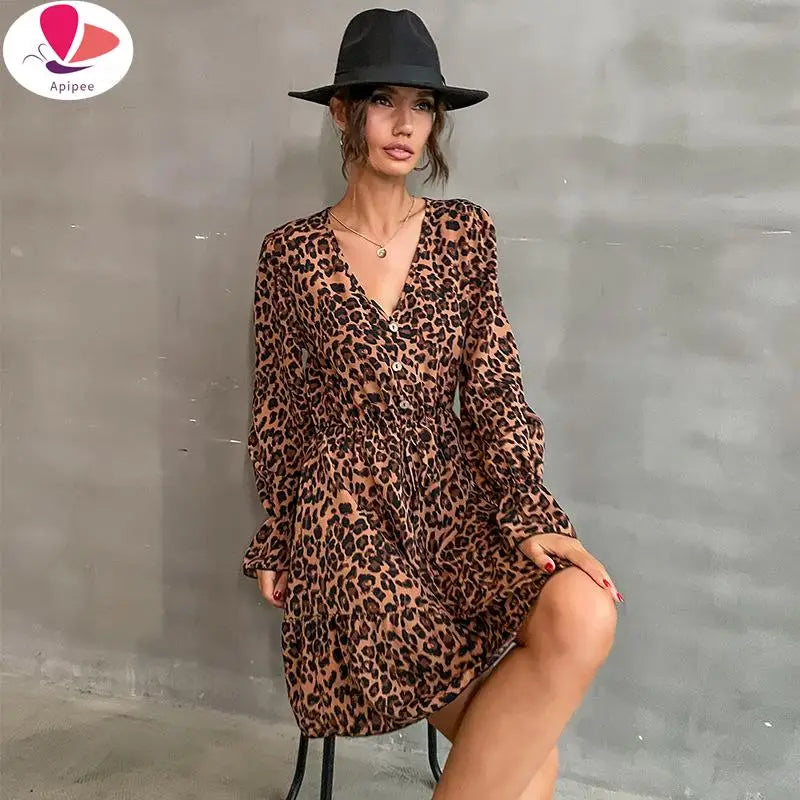 Long Sleeve V-Neck Leopard Print Dress for Women