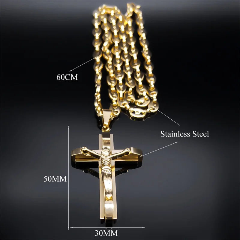 Jesus Cross Crucifix Pendant Necklace for Men Stainless Steel Gold Color Jewellery