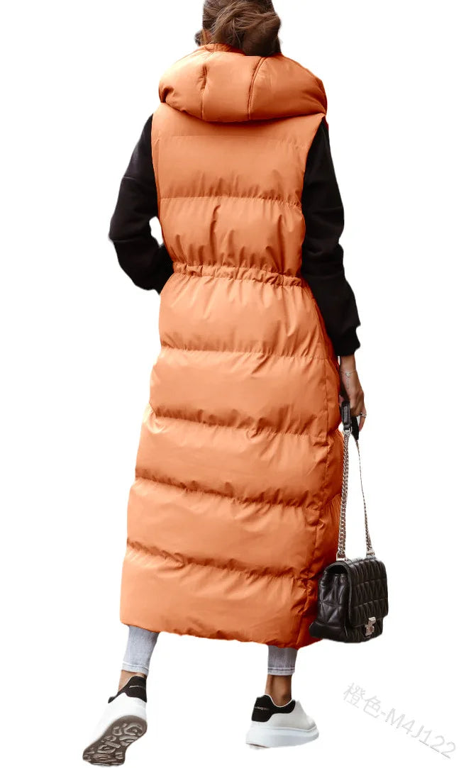 Women's  Solid Color Hooded Long Cotton-padded Jacket  Sleeveless Casual Fashion