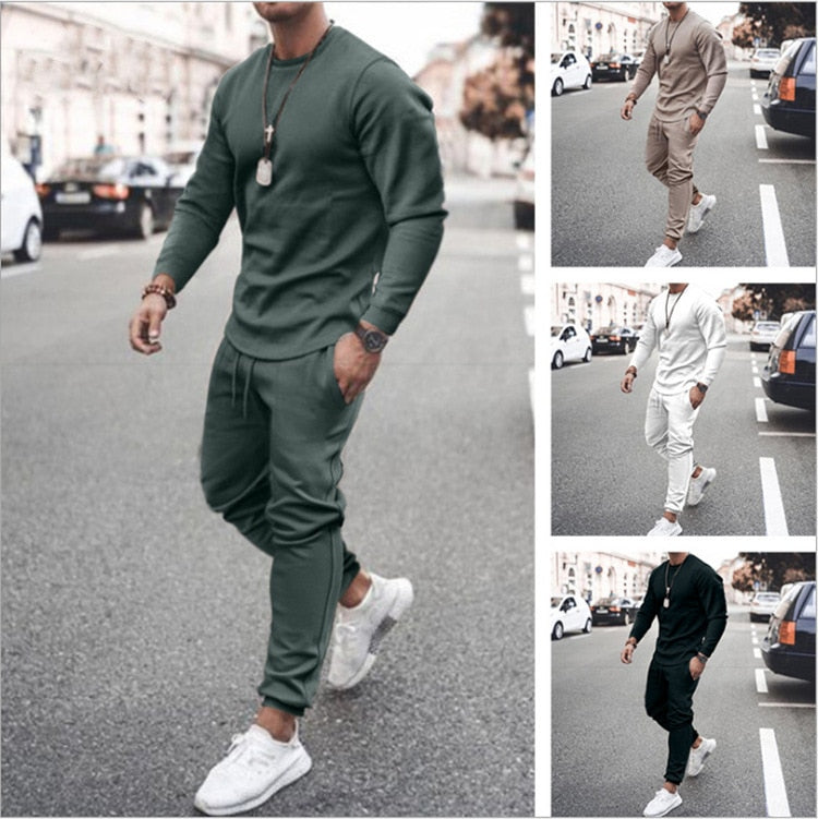 New Men's Tracksuit Casual Solid Sports Set Long Sleeved  2 Pieces Set Fashion Brand Jogger Fitness Sportswear