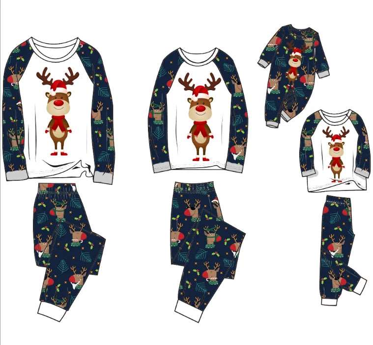 2023 Christmas Gift Deer Family Pajamas Flannel Hooded Jumpsuit Mother, Father, Kids, Baby Matching Outfit