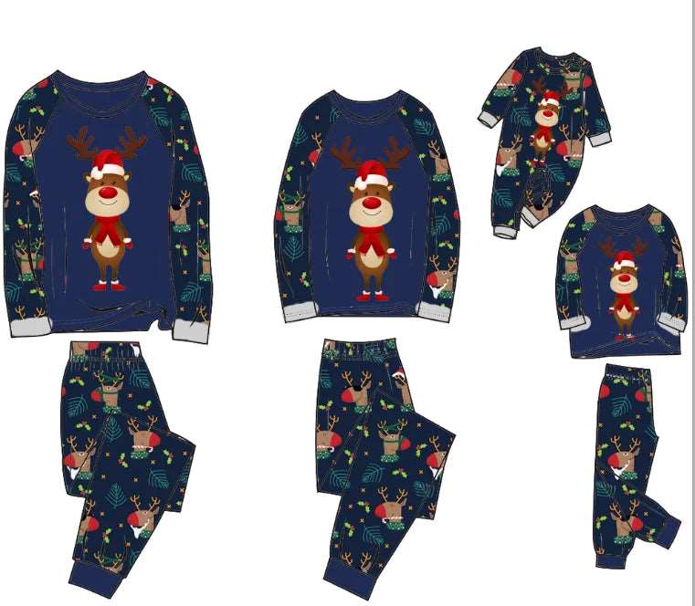 2023 Christmas Gift Deer Family Pajamas Flannel Hooded Jumpsuit Mother, Father, Kids, Baby Matching Outfit