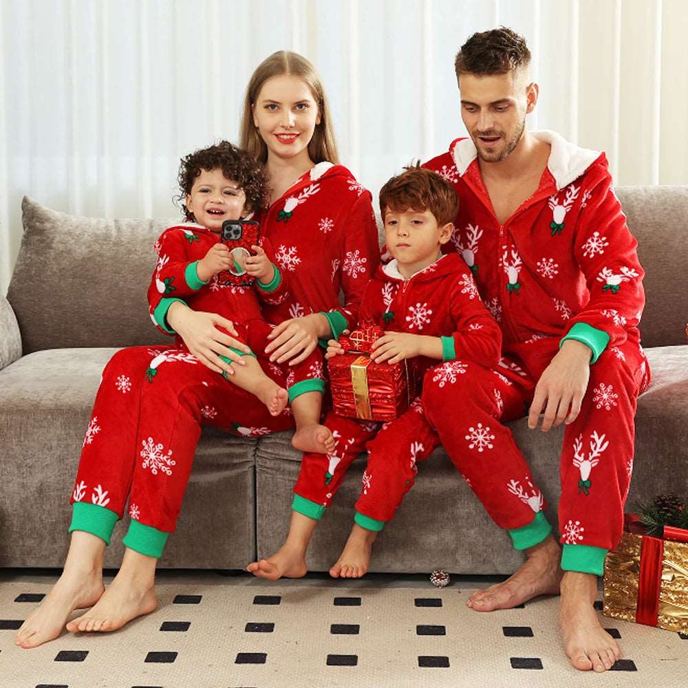 2023 Christmas Gift Deer Family Pajamas Flannel Hooded Jumpsuit Mother, Father, Kids, Baby Matching Outfit